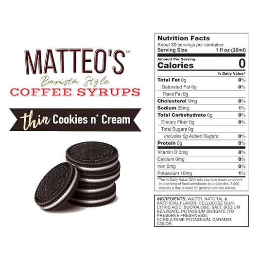 Matteo's Cookies and Cream Syrup for Coffee, Lattes, Cappuccinos & Desserts – Sugar-Free Sweetener for Beverages, Keto Friendly, Zero Calories, Indulgent Flavor, Non-Alcoholic, 33.8oz (1pk)