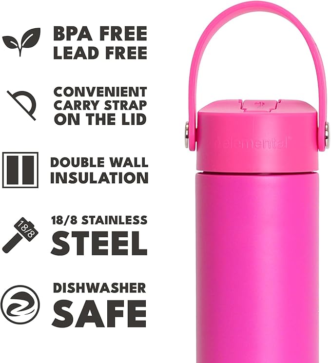 Elemental 24oz Insulated Water Bottle with Straw - 100% Leak-Proof Stainless Steel Core Water Bottles for Travel, Sports and Gym - Double Wall Insulation & BPA Free - Hot Pink