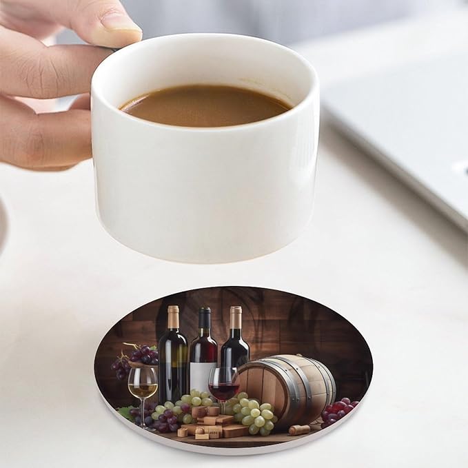 Round-4PCS Red Wine Ceramic Coasters, Round Absorbent Drink Coasters, Vintage Wood Style Red Wine Fruit Grapes Fruit Barware Ceramic Table Coasters for Coffee, Beverage, Wine, Beer Coasters