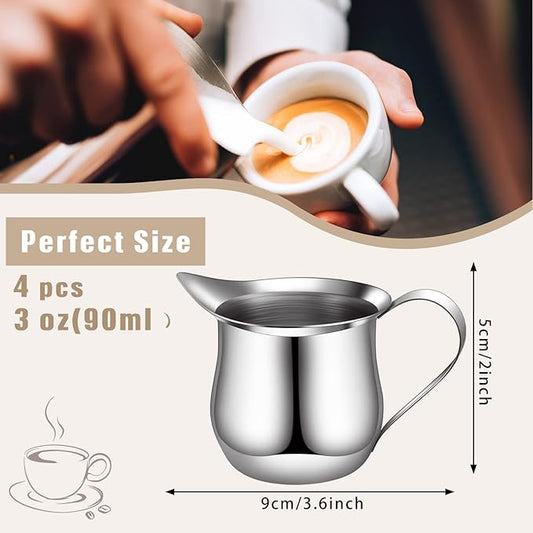 Honeydak 4 Pcs 3 oz Mini Milk Creamer Frothing Pitcher Dispenser Container with Handle, Small Stainless Steel Bell Creamer for Coffee Barista Cappuccin Jug Cups Restaurant Bakery Kitchen