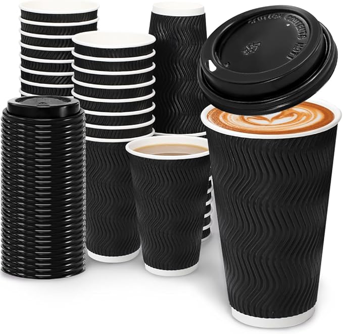 BYSNOW 16 oz Coffee Cups with Lids, 100 Pack Disposable Coffee Cups Insulated Ripple Paper Cups for Water, Juice, Espresso (Black 16 oz)