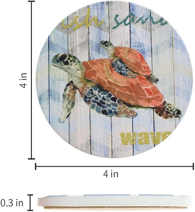 Absorbent Coasters Set of 4 - Ocean Theme Sea Turtle Coaster for Drinks with Vibrant Colors and Cork Backing (sea Turtle)…