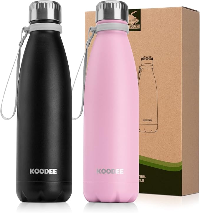 koodee Kids Insulated Water Bottle, 17 oz Stainless Steel Double Wall Vacuum Flask Cola Shape Leak Proof Sports Water Bottle for School (Black-Purple Pink)