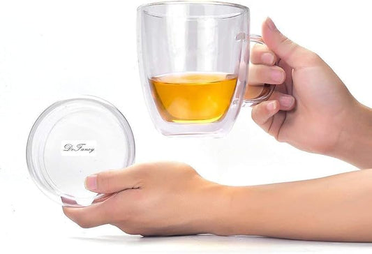 DeFancy Double Wall Coffee Mug 17 oz Insulated Borosilicate Glass Coffee Cup with Handle and Lid