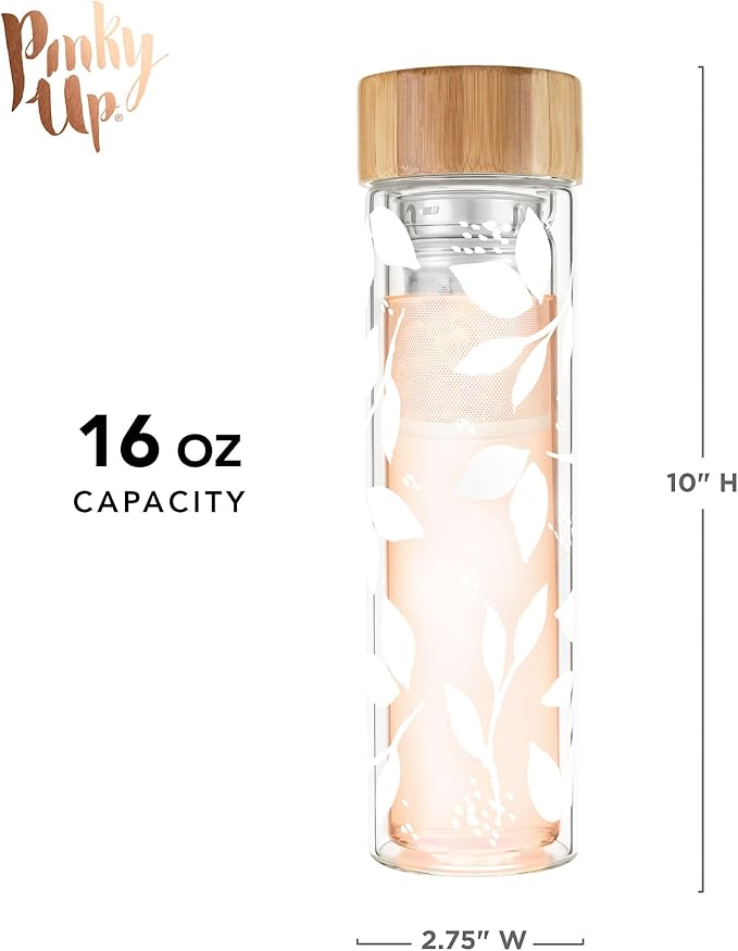 Pinky Up Blair Tea Infuser Mug with Strainer and Lid, Double Walled Glass Tumbler for Home Office, Travel, Picnic, Camping, 16 oz, Set of 1, Arabesque Gold