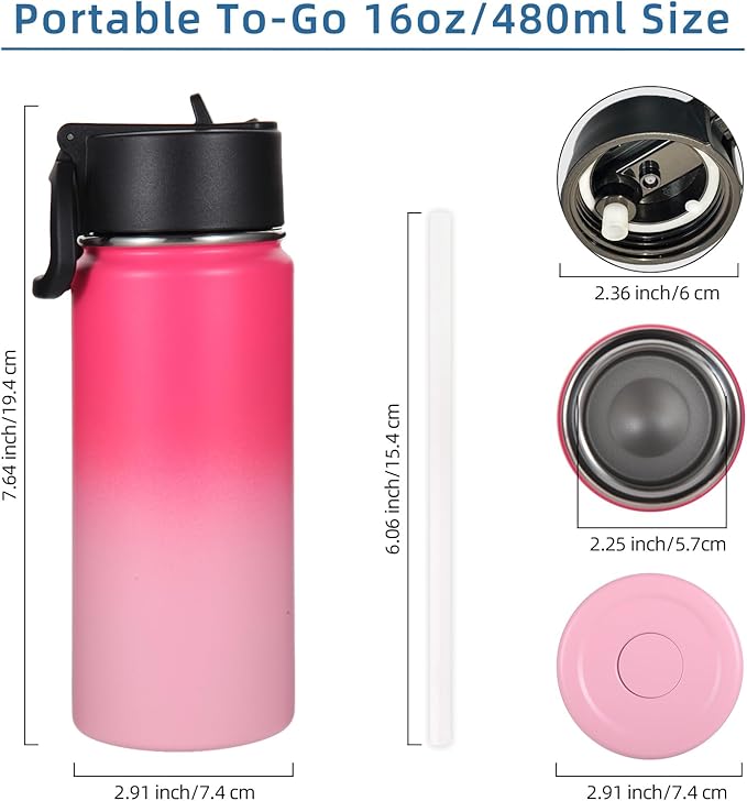 Volhoply 16 OZ Kids Water Bottle Bulk 4 Pack,Insulated Sports Bottles with Straw Lid,Stainless Steel Bottle with Handle Keep Cold & Hot,Double Wall Vacuum Cups for School,Girls(Peach, 4)