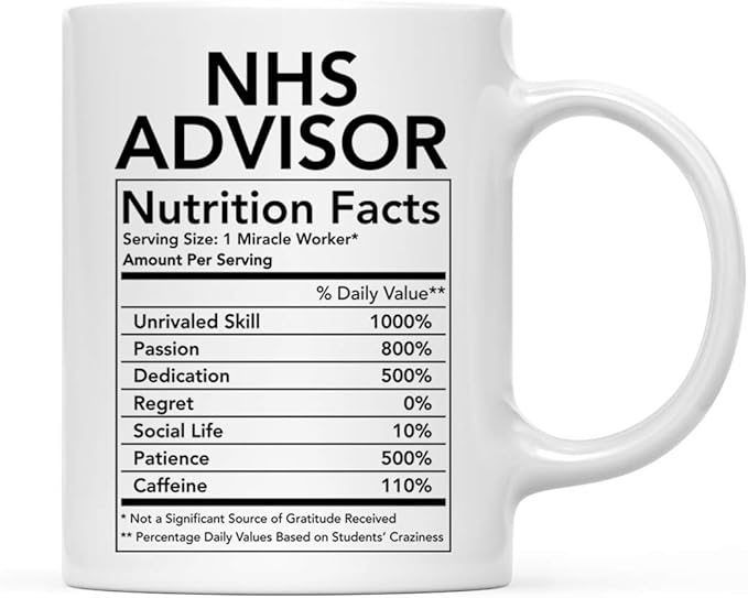 Andaz Press Funny 11oz. Ceramic Coffee Tea Mug Thank You Gift, NHS Advisor Nutritional Facts, 1-Pack, Novelty Gag Birthday Christmas Gift Ideas Coworker