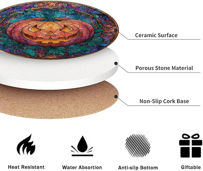 LOKMU Coasters for Drinks, Round Absorbent Ceramic Stone Coaster Sets of 6 with Metal Holder Stand, Stained Glass Halloween Pattern Coasters with Cork Base for Coffee Wooden Table, Housewarming Gifts