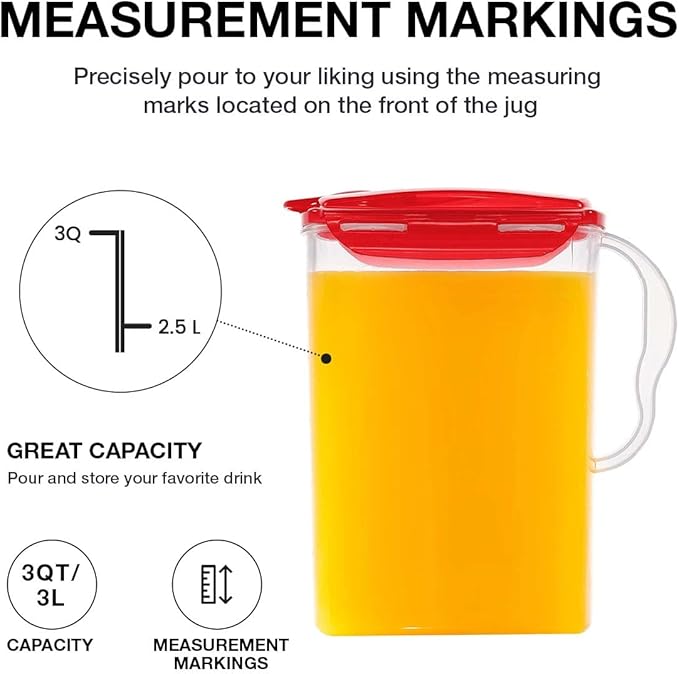 LocknLock HAP607R Aqua Fridge Door Water Jug with Handle, BPA-Free Plastic Pitcher with Flip-Top Lid and Easy-Pour Spout for Water, Juice, Tea, and Other Drinks, 3-Quart, Red