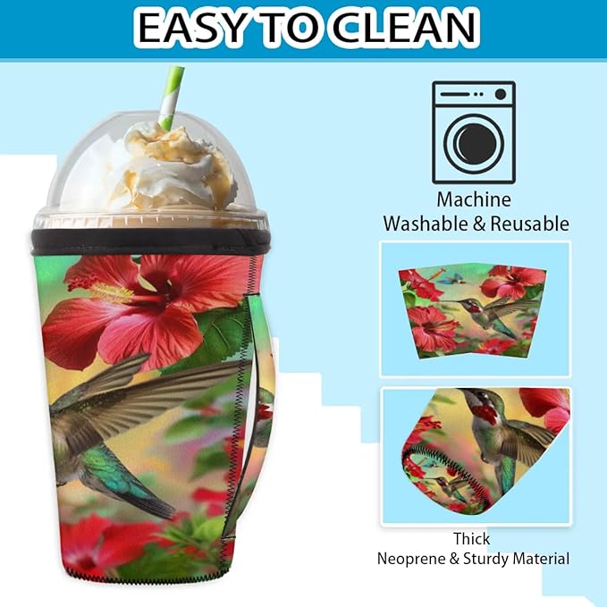 Reusable Iced Coffee Sleeve with Handle, Bird Hummingbird Neoprene Cup Sleeve Spring Flower Insulator Cup Holder for Cold Drinks Beverages 24oz - 28oz