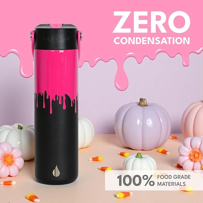 Elemental 24oz Insulated Water Bottle with Straw - 100% Leak-Proof Stainless Steel Core Water Bottles for Travel, Sports and Gym - Double Wall Insulation & BPA Free - Hot Pink Drip