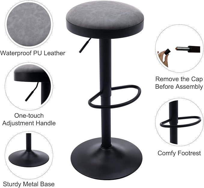 Round Swivel Counter Height Bar Stools Set of 3 Modern Adjustable Barstools Backless PU Leather Bar Chairs Industrial Island Chairs with Metal Base/Footrest for Kitchen Island/Pub/Bar, Grey