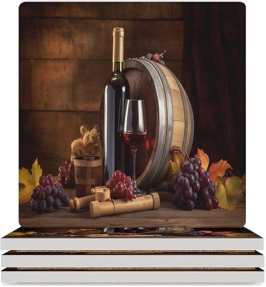 Square-4PCS Red Wine Drink Coasters, Square Modern Ceramic Absorbent Coasters, Vintage Wood Grain Style Red Wine Grapes Maple Leaf Decor Desk Coffee Table Coaster for Beverage Cup Tea Coasters