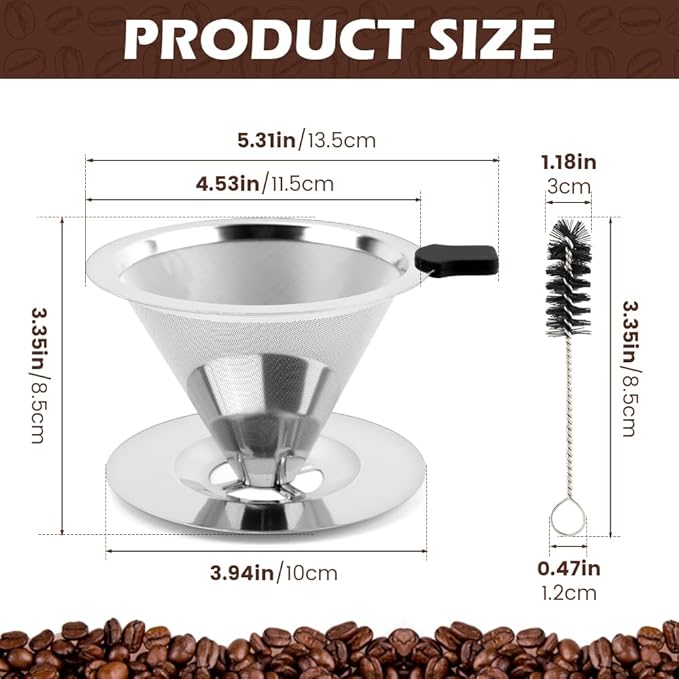 Pour Over Coffee Dripper, Stainless Steel Cone Coffee Filter with Base, Dual-Layer Fine Mesh Coffe Filter, Paperless Reusable Cone Coffee' Maker Dripper with Cleaning Brush(SIZE:M)