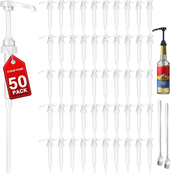 50 Pcs White Coffee Syrup Pump Dispenser, Compatible with 25.4 Oz/750ml Bottles, Great for Home & Coffee Bar Drinking Mixes, Tea, Beverage, Cocktails, Plus Spoons