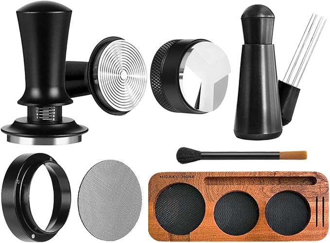 7 PCS Espresso Accessories Kit, Espresso Tamping Station, Coffee Tamper, Coffee Distributor, WDT Tool, Puck Screen, Dosing Funnel, Cleaning Brush, Barista Tools Set (58mm)
