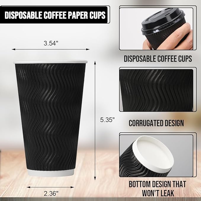 BYSNOW 16 oz Coffee Cups with Lids, 500 Pack Disposable Coffee Cups Insulated Ripple Paper Cups for Water, Juice, Espresso (Black 16 oz)