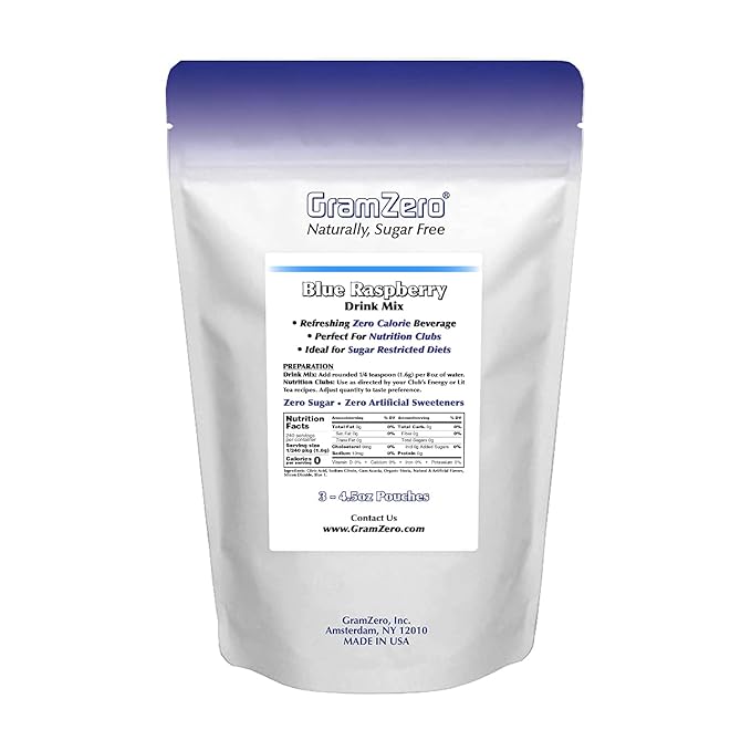 GramZero Blue Raspberry Zero Calorie Sugar Free Drink Mix, Great For Nutrition Club Loaded Teas, Stevia Sweetened