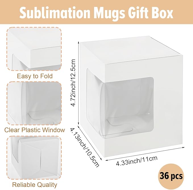 36 Pack Mug Boxes for Gifts Coffee Mugs Boxes Gift for Shipping Sublimation Transparent Wine Glass Gift Packaging Box for Blanks 11oz, 12oz, 15oz Wrapping(White)