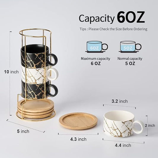 LUKA Porcelain Espresso Cup with Metal Stand, 6 Ounce Stackable Ceramic Demitasse Espresso Mugs Cappuccino Cups Set for Latte,Coffee,Cafe Mocha,Tea(Set of 4)