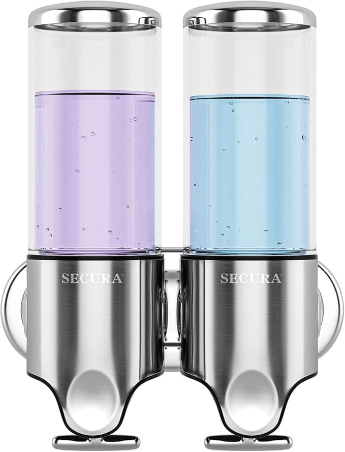 Secura Double Wall Mounted Soap Dispenser, 2 x 17 fl oz Shampoo and Soap Dispensers Perfect for Home & Kitchen (Stainless Steel)