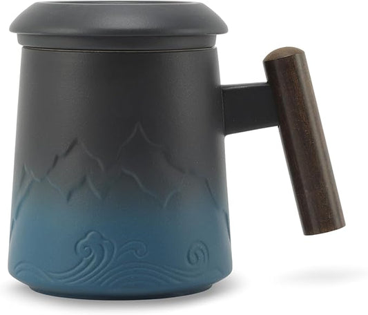 Tea Cup with Infuser, 13.5oz Ceramic Tea Infuser Mug with Wood Handle and Cup Lid, Tea Strainer Cup for Loose Leaf Steeping, Blue&Black