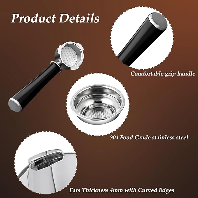 51mm Coffee Espresso Portafilter/Espresso Machine Holder, 3 ears, Double Spouts, with Single + Double Filter Baskets, Black Handle, Stainless Steel Filter Cup Holder