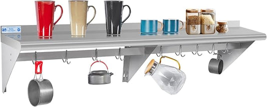 Hally Stainless Steel Shelf with 9 Hooks 18" x 72" Wall Mounted Pot Rack 500lb, NSF Commercial Floating Shelving for Storage Hanging Pots, Pans, cookware in Restaurant, Kitchen, Home and Hotel