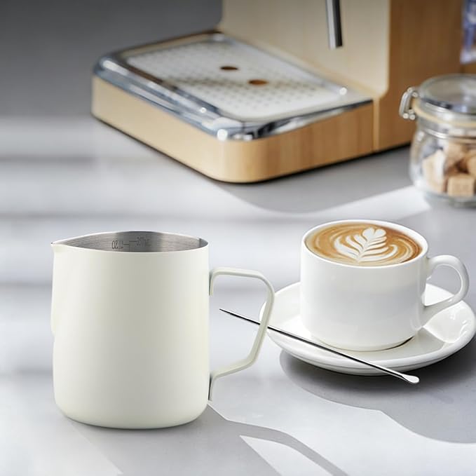 Milk Frother Cup, 12oz/350ml Milk Pitcher, Thickened 304 Stainless Steel Milk Frothing Pitcher for Espresso Coffee, Milk(White)