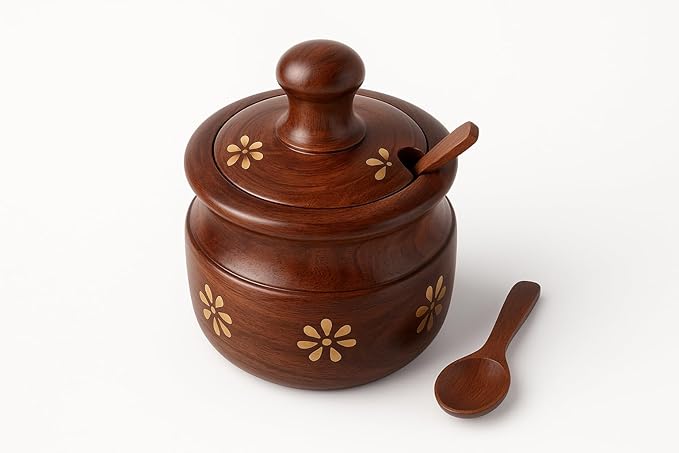 Handcrafted Sheesham Wood Spice Jar with Spoon & Lid | Decorative Wooden Sugar/Spice Container with Brass Inlay | Traditional Kitchen Storage Pot