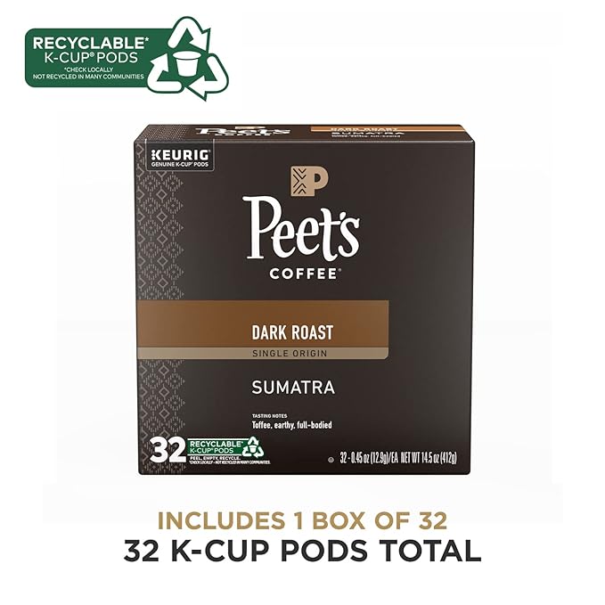 Peet's Coffee, Dark Roast Single Serve Coffee Pods, 100% Arabica Coffee - Single Origin Sumatra 32 Count (1 Box of 32 Pods)