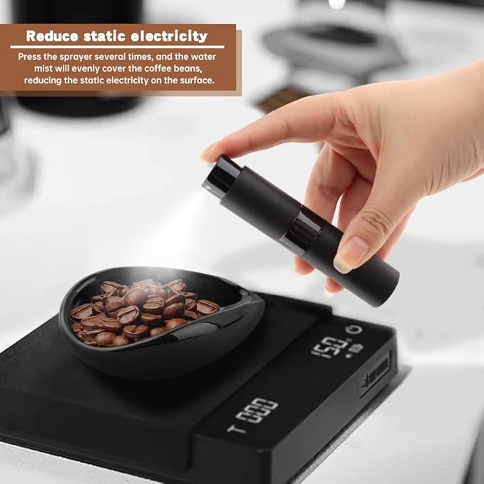 Ceramic Coffee Bean Dosing Cup & Spray Bottle & Spoon Set - Wood Espresso Accessories Kit with Static Reduction Spray, Measuring Tray for Coffee/Tea ﻿(COLOR:Black)