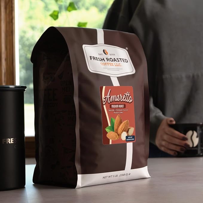 Fresh Roasted Coffee, Amaretto Flavored Coffee,5 lb, Medium Roast, Kosher, Ground