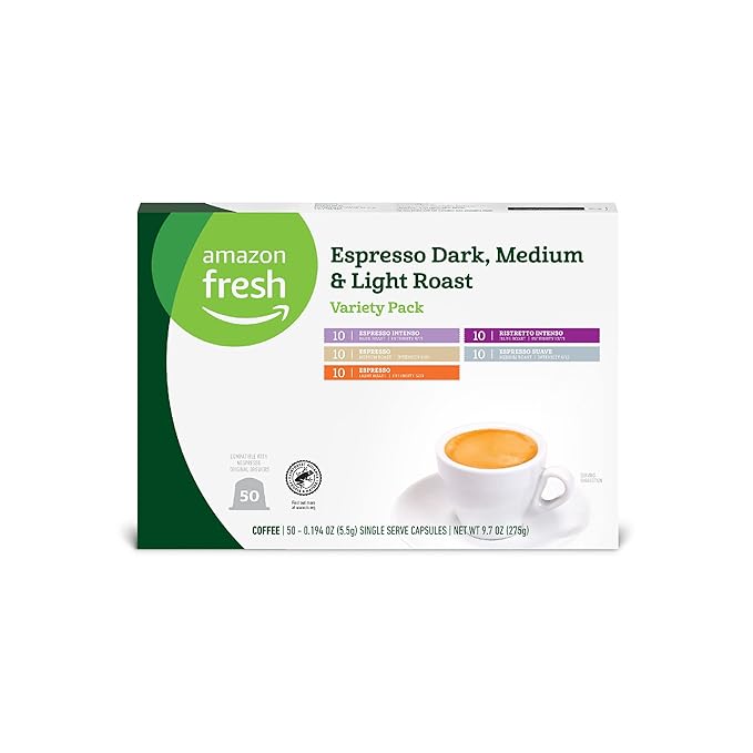 Amazon Fresh Espresso Dark, Medium & Light Roast Aluminum Capsules, Variety Pack, Compatible with Nespresso Original Brewers, 50 Count (5 Packs of 10)