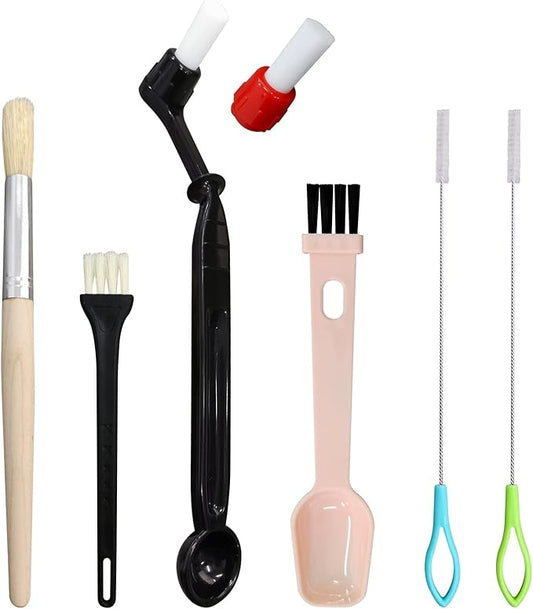 PURIMADE 7 Pcs Coffee Machine Cleaning Brush, Espresso Machine Brush with Detachable Head, Wooden Plastic Brush with Bristles for Grinder, Plastic Spoon with Brush & 2Pcs Espresso Steam Wand Brushes