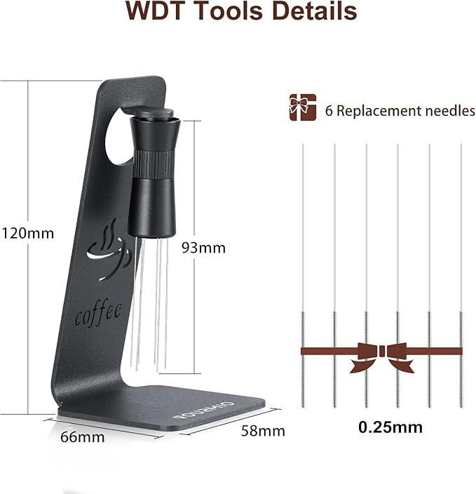 WDT Tool - Coffee Distribution Tool with Magnetic Stand, Adjustable Range Espresso Stirrer, 304 Stainless Steel 6 Needles 0.4mm and 6 Extra Needles 0.25mm