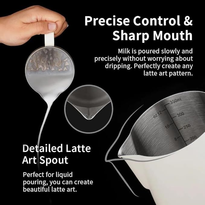 watchget Stainless Steel Milk Frothing Pitcher 12oz/350ml - Espresso Steaming Pitcher for Cappuccino, Latte Art, Coffee Machine Accessories Milk Jug Coffee Frother Cup, Creamy White