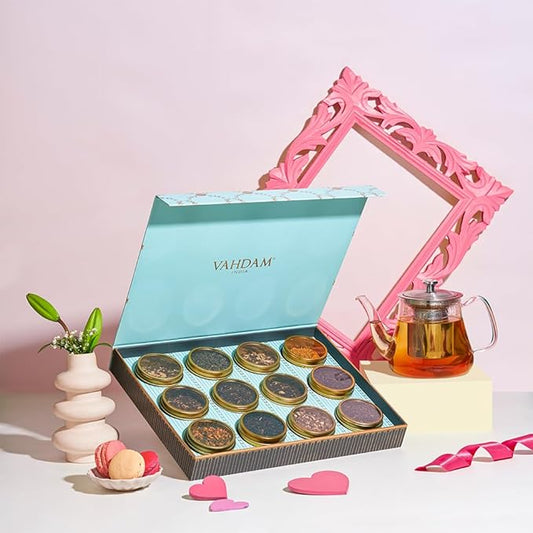 VAHDAM, Bloom - Assorted Valentines Day Tea Gift Set (12 Loose Leaf Tea) Tin Caddy Presentation Box | Gluten Free, Non GMO | Valentines Day Gifts for Him, Valentines Day Gifts for Her