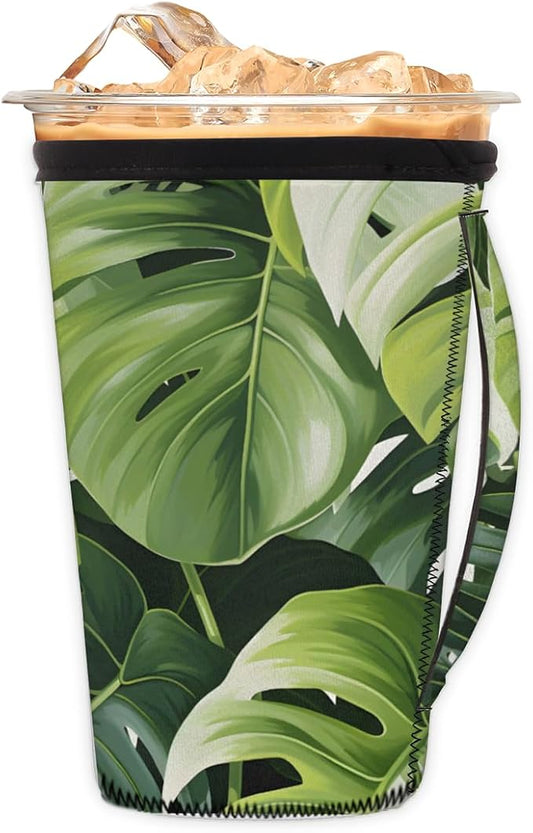 Tropic Palm Leaves Reusable Insulator Coffee Sleeves for Drinks Beverages,Tropical Plants Neoprene Holder with Handle for Most Coffee or Ice Drink, 30-32oz