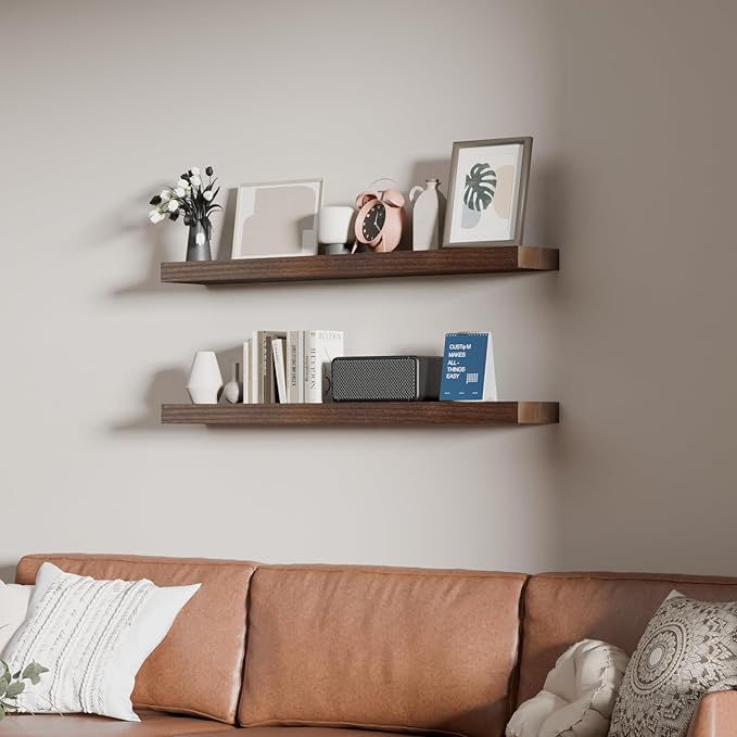 36 inch Walnut Bathroom Shelves,Long Floating Shelves for Wall,Solid Wood Long Shelves Set of 2,Kitchen Wall Mounted Shelf (Walnut, 36 Inch)