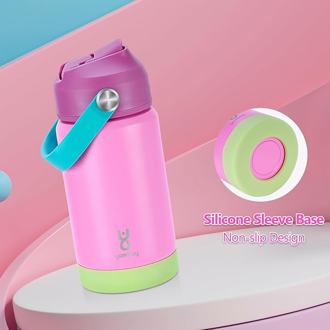 Kids Insulated Water Bottle with Straw Lid & Silicone Handle,12oz Kids Leak Proof Water Bottle for School Boys Girls,Double Wall Vacuum Stainless Steel with Non-slip Silicone Base(Pink)