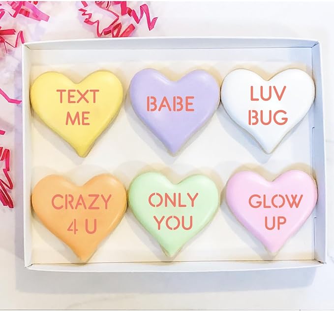 16 Pcs Valentine Conversation Hearts Cookie Stencils with Royal Icing 3x3 in, True Love/Only You/Text Me/Soulmate Love Phrase Sign Sayings Heart Stencils for Valentine's Day Making DIY Crafts