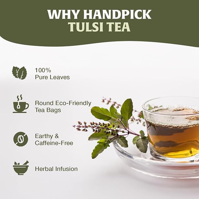 HANDPICK Original Tulsi Tea (100 count) Holy Basil Tea | Non-GMO, Caffeine-Free Herbal Tea | Ecofriendly Round Tea Bags