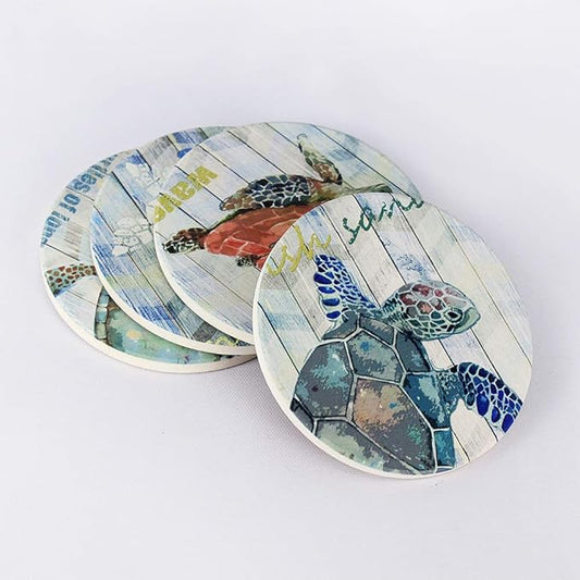 Absorbent Coasters Set of 4 - Ocean Theme Sea Turtle Coaster for Drinks with Vibrant Colors and Cork Backing (sea Turtle)…
