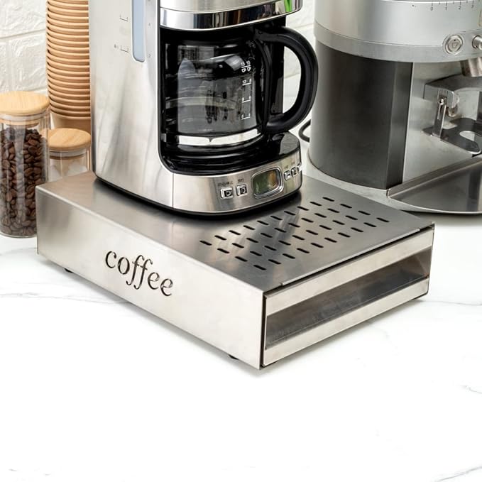 Restaurantware Restpresso 13.5 x 9.75 x 3.75 Inch Espresso Knock Box 1 Vented Coffee Knock Box - Detachable Drawer Silicone Knock Bar Silver Stainless Steel Coffee Grounds Knock Box Durable
