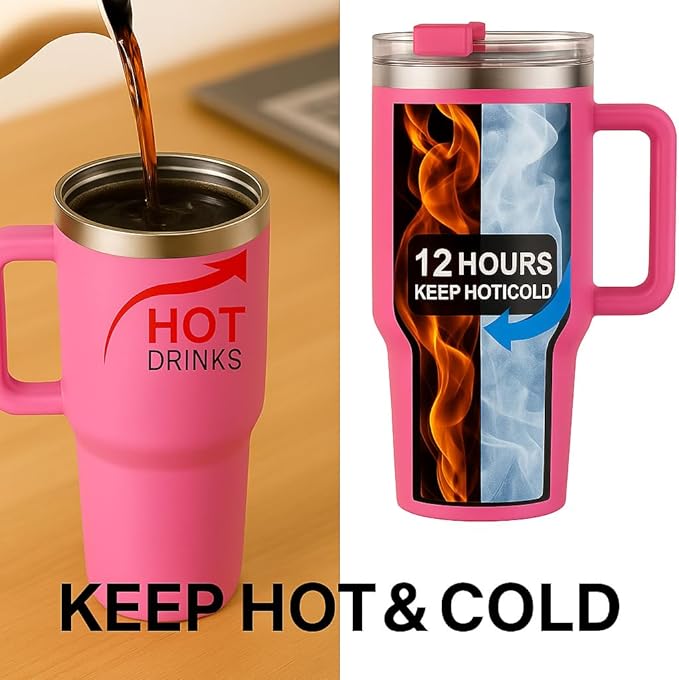 The FaarSky 40 oz Insulated Travel tumbler with lid and straw, 12 Hours Hot & Cold, Vacuum Insulated Stainless Steel, Leak-Proof Lid, (Pink)