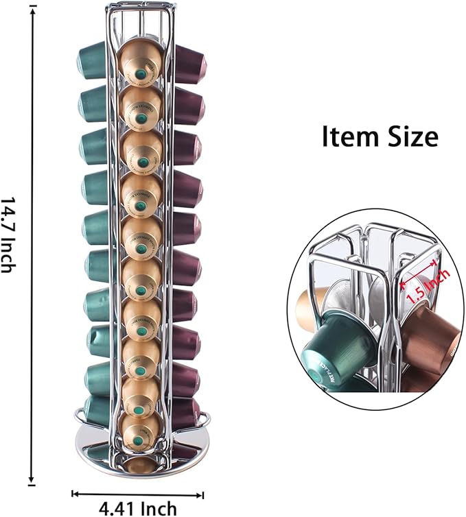 SEVENLINE Coffee Pod Holder Stand Compatible With Nespresso Original Pods Carousel Storage Rack Capsules Organizer For 40 Capsules (Silvery)