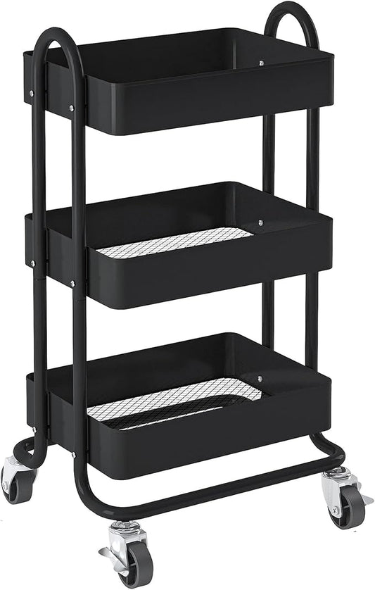 3-Tier Rolling Metal Storage Organizer,Mobile Utility Cart,Kitchen Storage Carts with Caster Wheels,Rolling Utility Cart Suitable for Office,Home,Kitchen,Garden（13.4"x18.1"x31"） Black