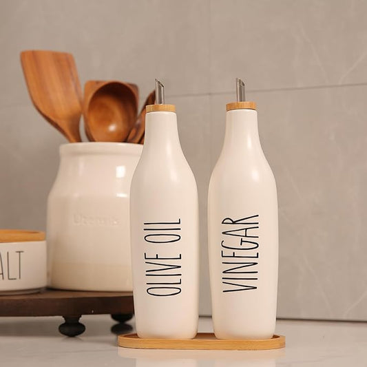 HOMCDALY Olive Oil and Vinegar Dispenser Set, 16oz Ceramic Oil Dispenser for Kitchen, Kitchen Dispenser Bottle for EVOO Vinegar Syrups, Modern Farmhouse Design | Set of 2 – P-White