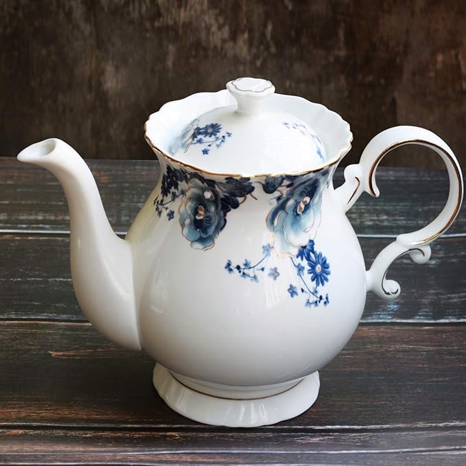 Jomop European Style Ceramic Flower Teapot Coffee Pot Water Pot Porcelain Gift Large 5.5 Cups (1, Blue and White)